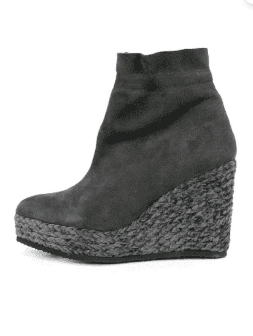 Cecelia New York Megan‎ Black Suede Wedge Braided Jute Charcoal/Black